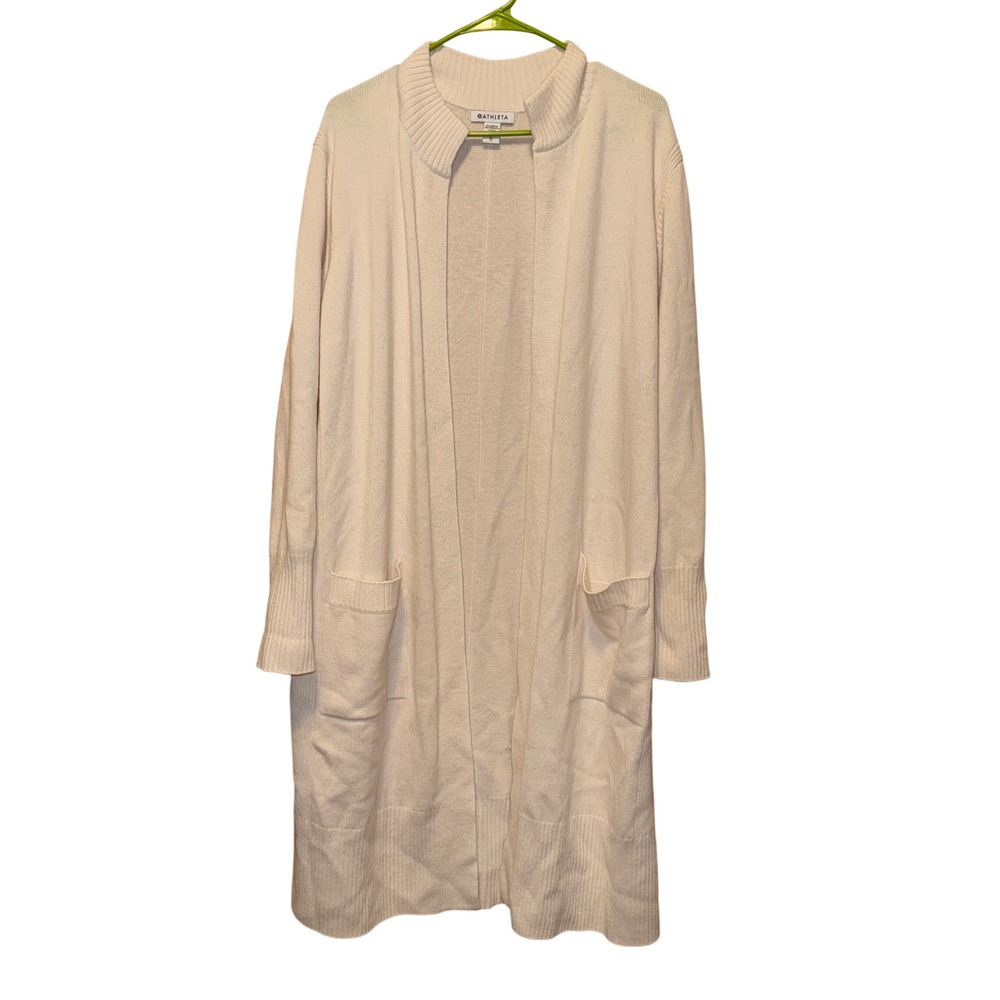 Athleta Longline Cardigan Sweater XL White Open Front Mock Neck Duster Pocket